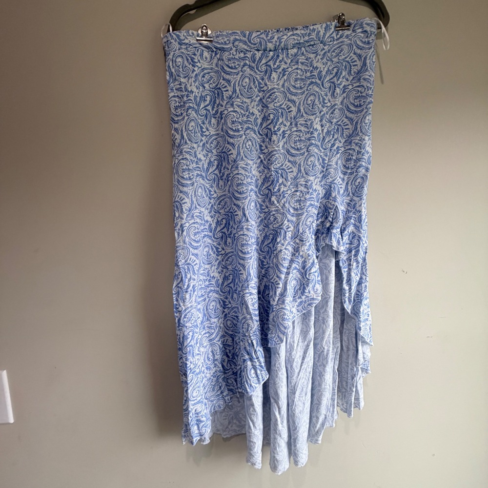 JAPNA Ruffle High Low Skirt Women XL Blue White Paisley Flowy Coastal Beachy